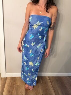 Hugo Buscati Strapless Blue Floral Maxi Dress
